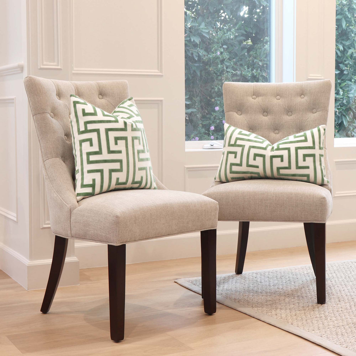 Thibaut Ming Trail Velvet Green Designer Throw Pillow Cover on Accent Chairs