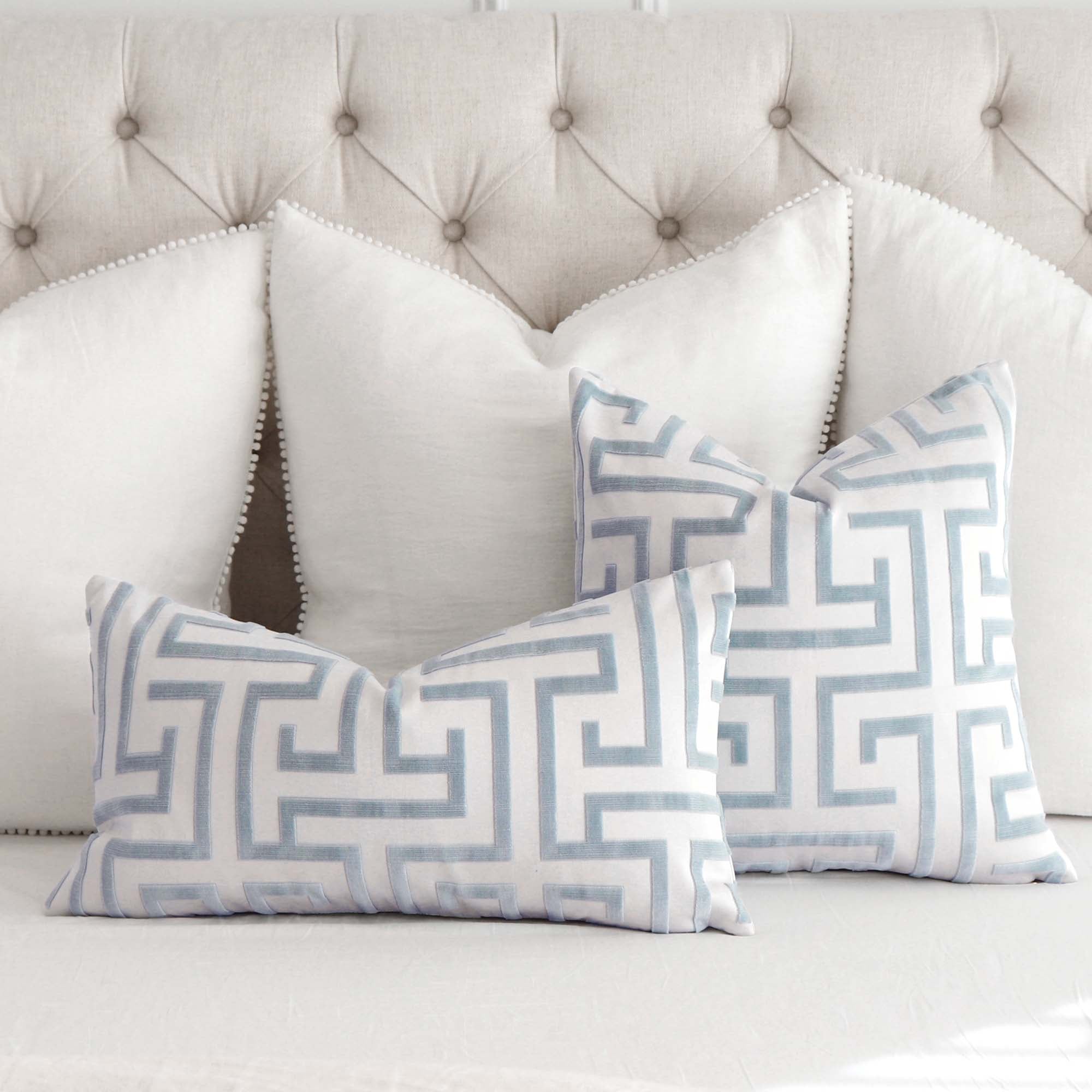 Thibaut Ming Trail Velvet Light Blue Designer Throw Pillow Cover on Bed