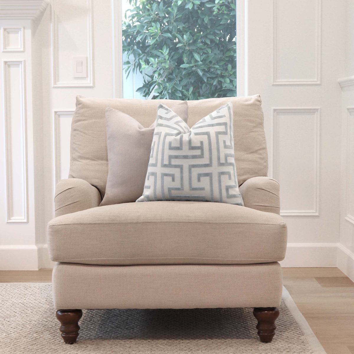 Thibaut Ming Trail Velvet Light Blue Designer Throw Pillow Cover on Arm Chair