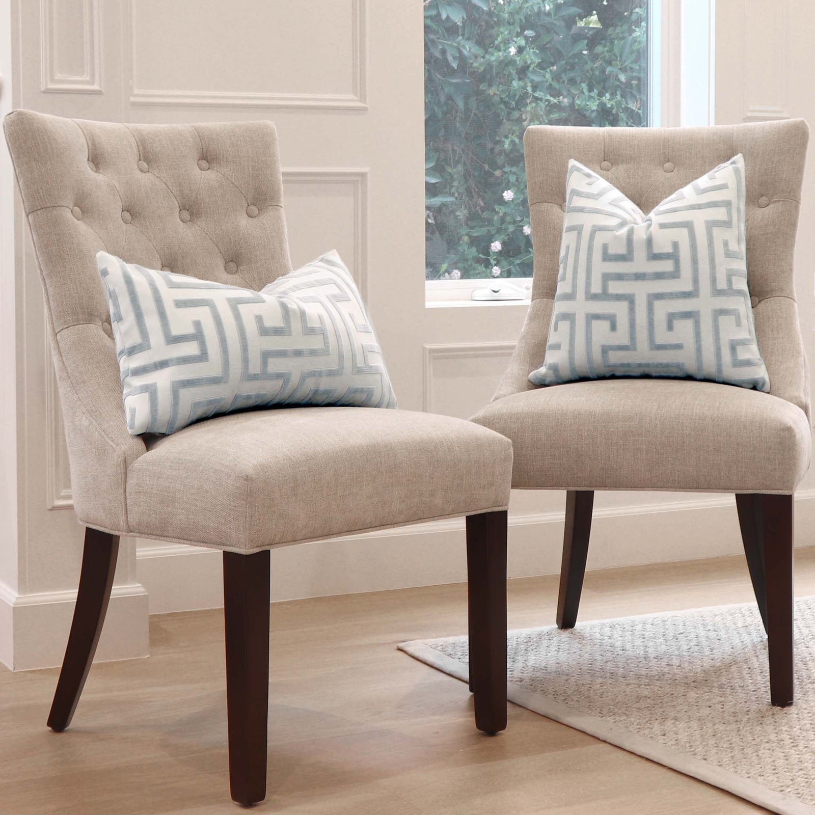 Thibaut Ming Trail Velvet Light Blue Designer Throw Pillow Cover on Accent Chair