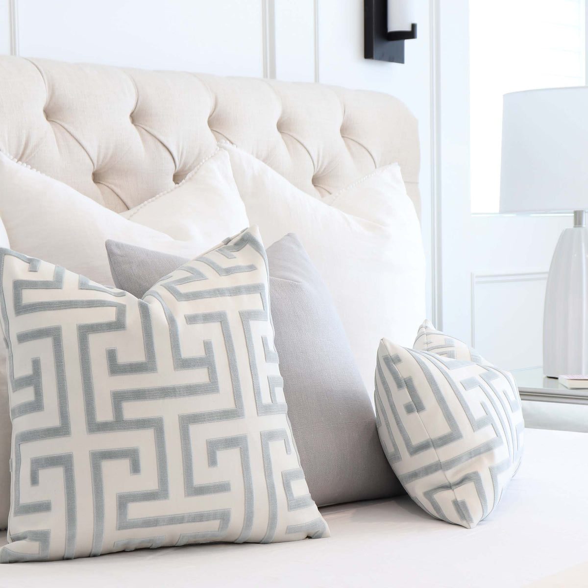 Thibaut Ming Trail Velvet Light Blue Designer Throw Pillow Cover in Bedroom