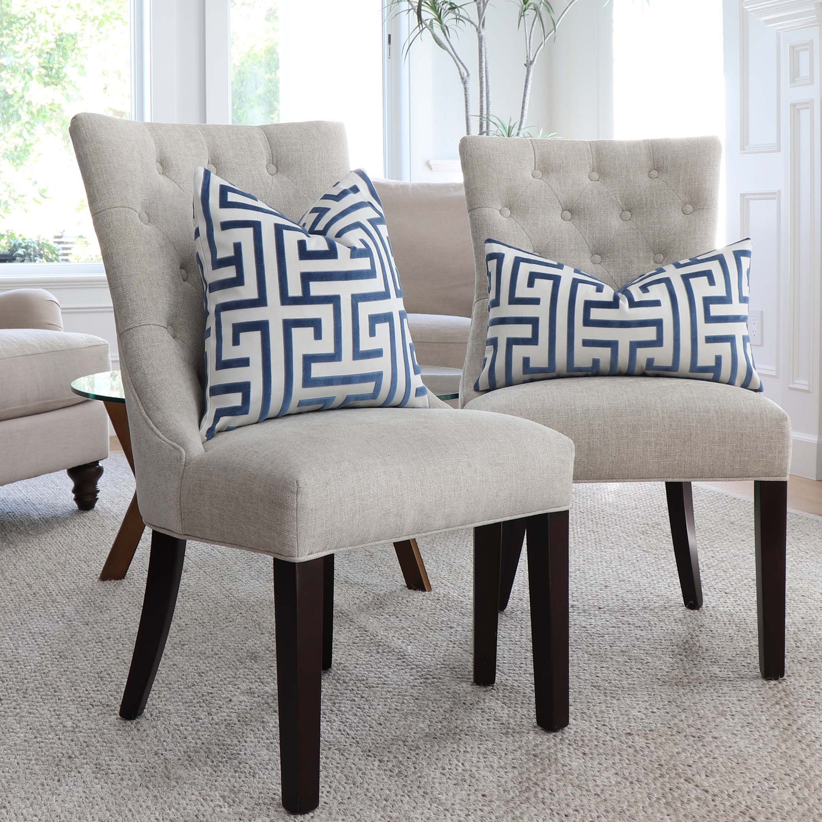 Thibaut Ming Trail Velvet Navy Blue Luxury Designer Throw Pillow Cover on Chairs in Home Decor