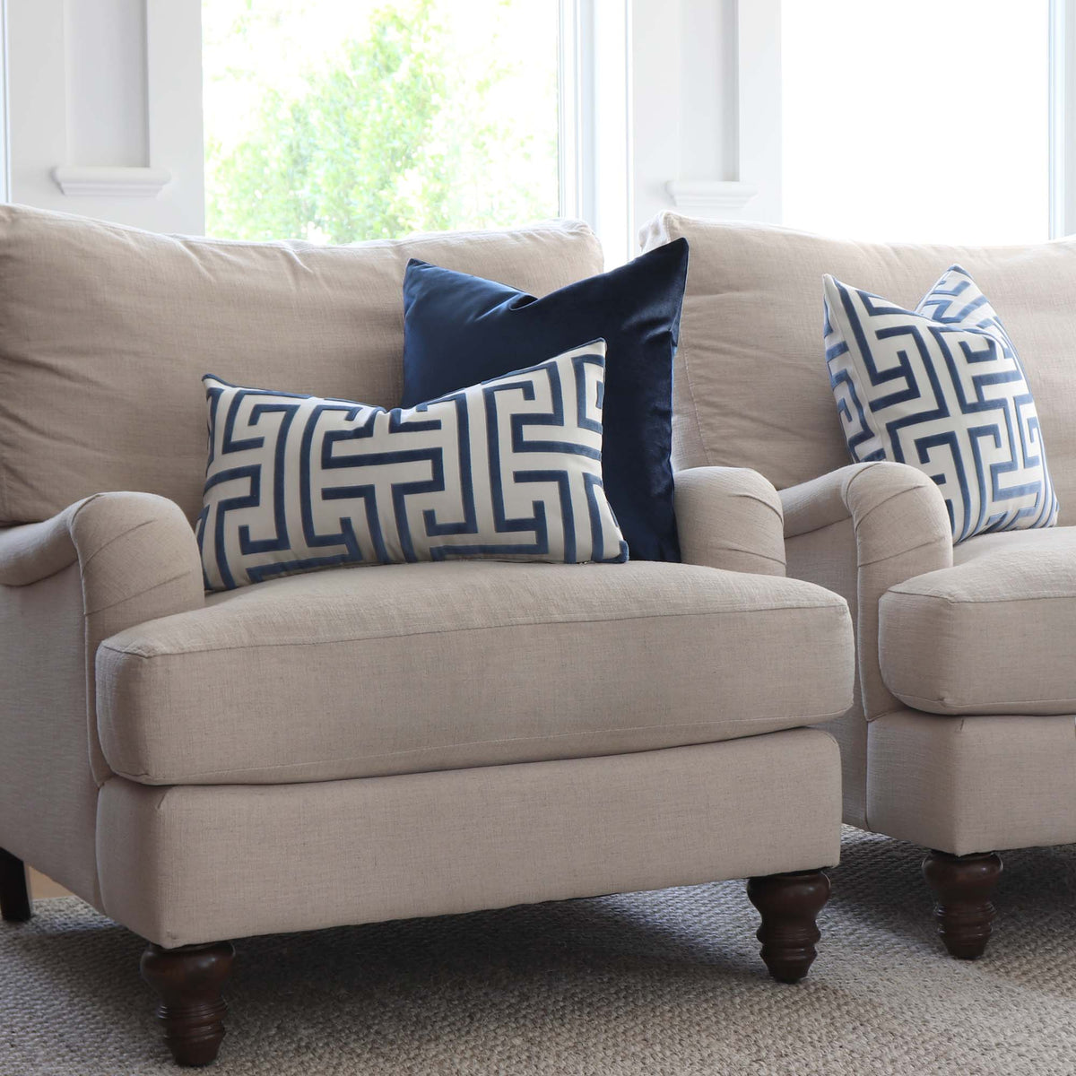 Thibaut Ming Trail Velvet Navy Blue Luxury Designer Throw Pillow Cover in Living Room on Large Comfy Arm Chair