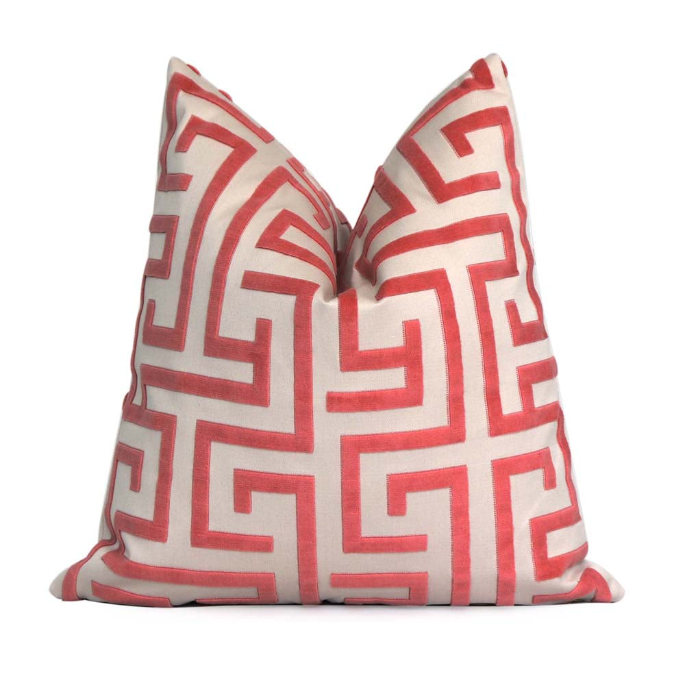 Thibaut Ming Trail Velvet Watermelon Red Designer Luxury Throw Pillow Cover in Bedroom