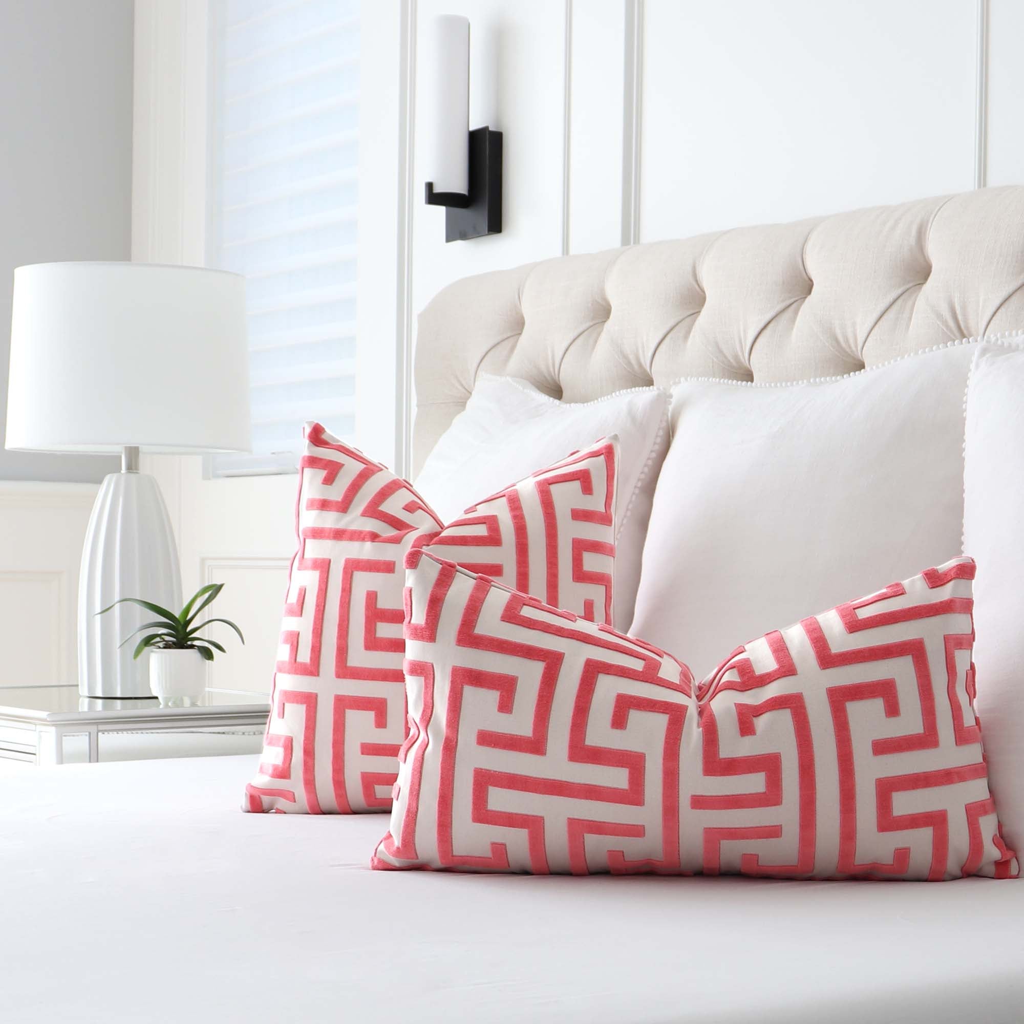 Thibaut Ming Trail Velvet Watermelon Red Designer Luxury Throw Pillow Cover in Bedroom
