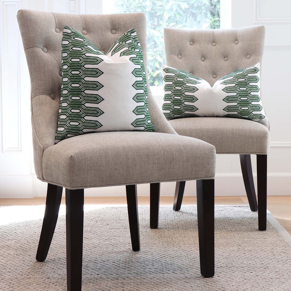 Thibaut Nola Stripe Green Embroidery Geometric Designer Decorative Throw Pillow Cover on Armless Chairs in Living Room