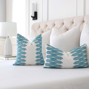 Thibaut Nola Stripe Aqua Embroidery Geometric Designer Decorative Throw Pillow Cover in Bedroom