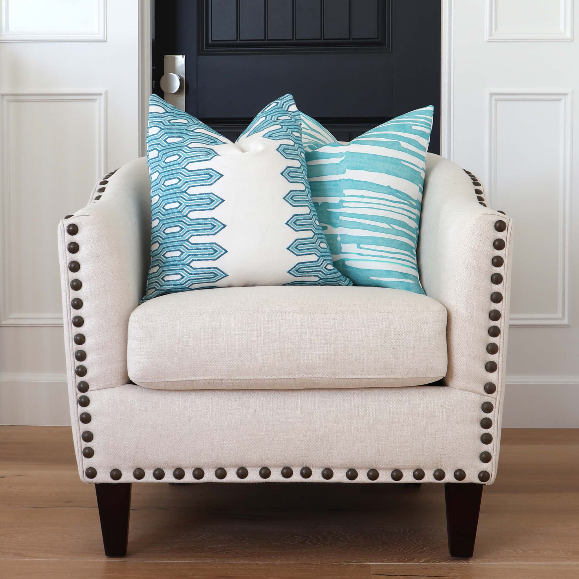 Thibaut Nola Stripe Aqua Embroidery Geometric Designer Decorative Throw Pillow Cover on Accent Chair in Home