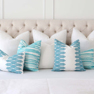 Thibaut Nola Stripe Aqua Embroidery Geometric Designer Decorative Throw Pillow Cover with Matching Decorative Throw Pillows on Bed