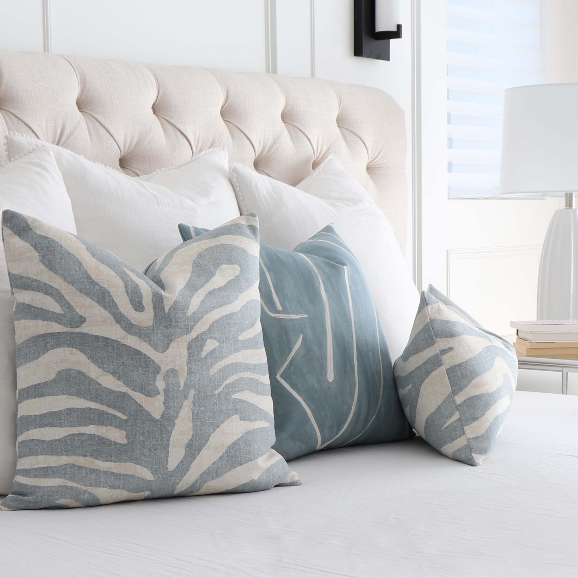 Thibaut Serengeti Zebra Aqua Blue Designer Luxury Throw Pillow Cover in Bedroom