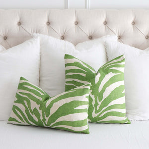 Thibaut Serengeti Zebra Designer Luxury Green Throw Pillow Cover with White Pom pom Linen Euro Shams