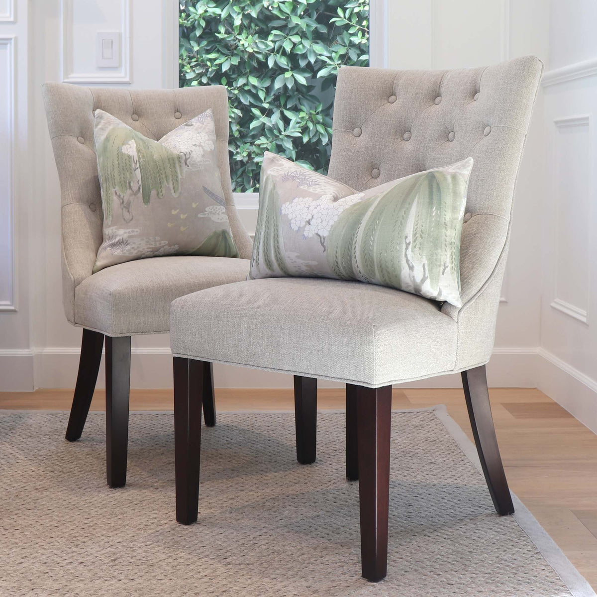 Thibaut Willow Tree Beige Chinoiserie Printed Floral Decorative Throw Pillow Cover with Side Chairs in Home Decor