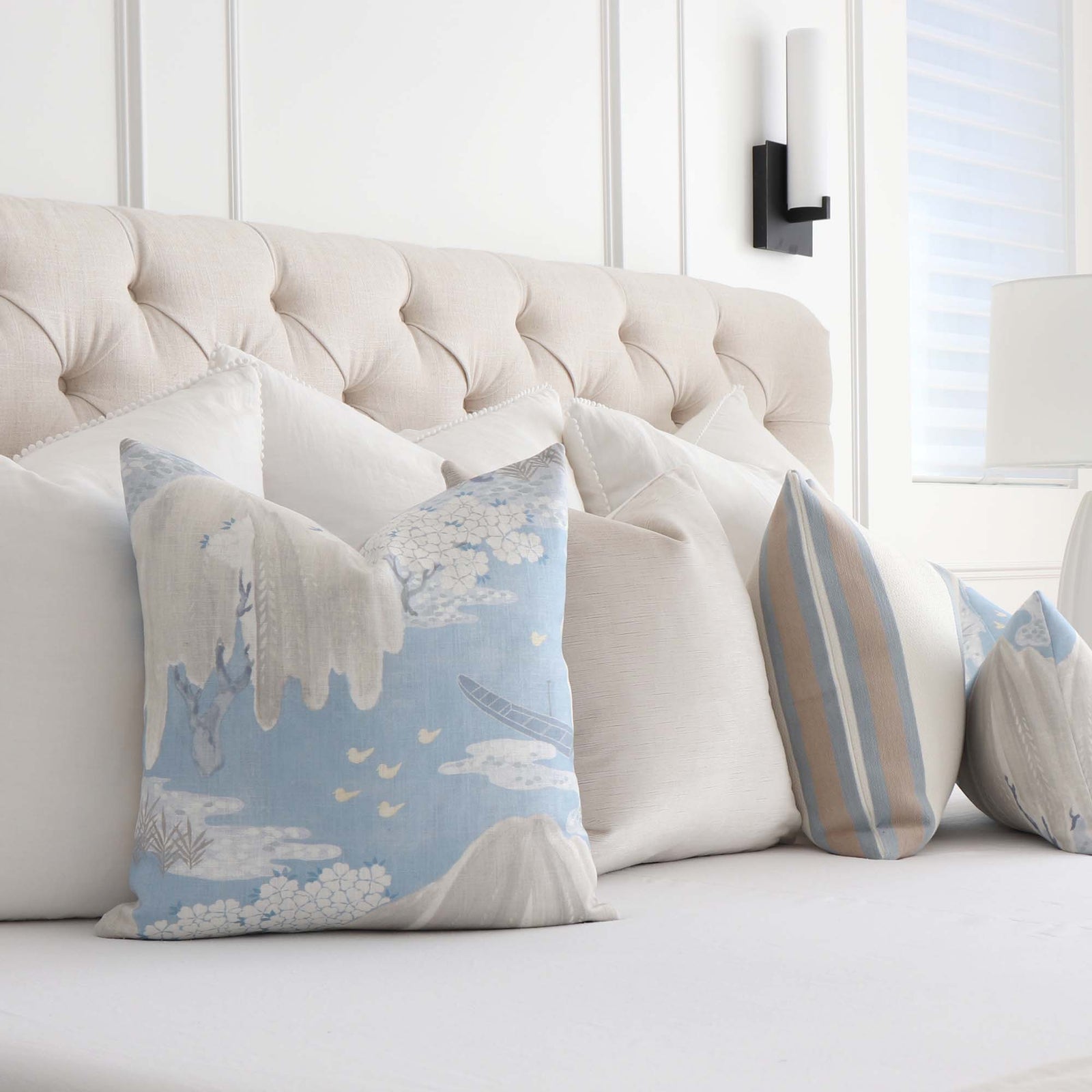 Thibaut Willow Tree Soft Blue Chinoiserie Floral Decorative Throw Pillow Cover in Bedroom with Coordinating Designer Throw Pillows