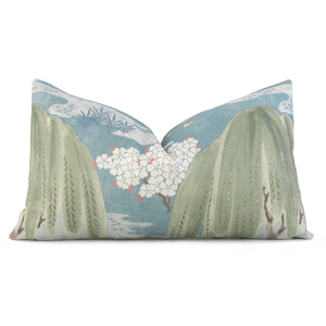 Thibaut Willow Tree Turquoise Blue Chinoiserie Printed Floral Decorative Lumbar Throw Pillow Cover