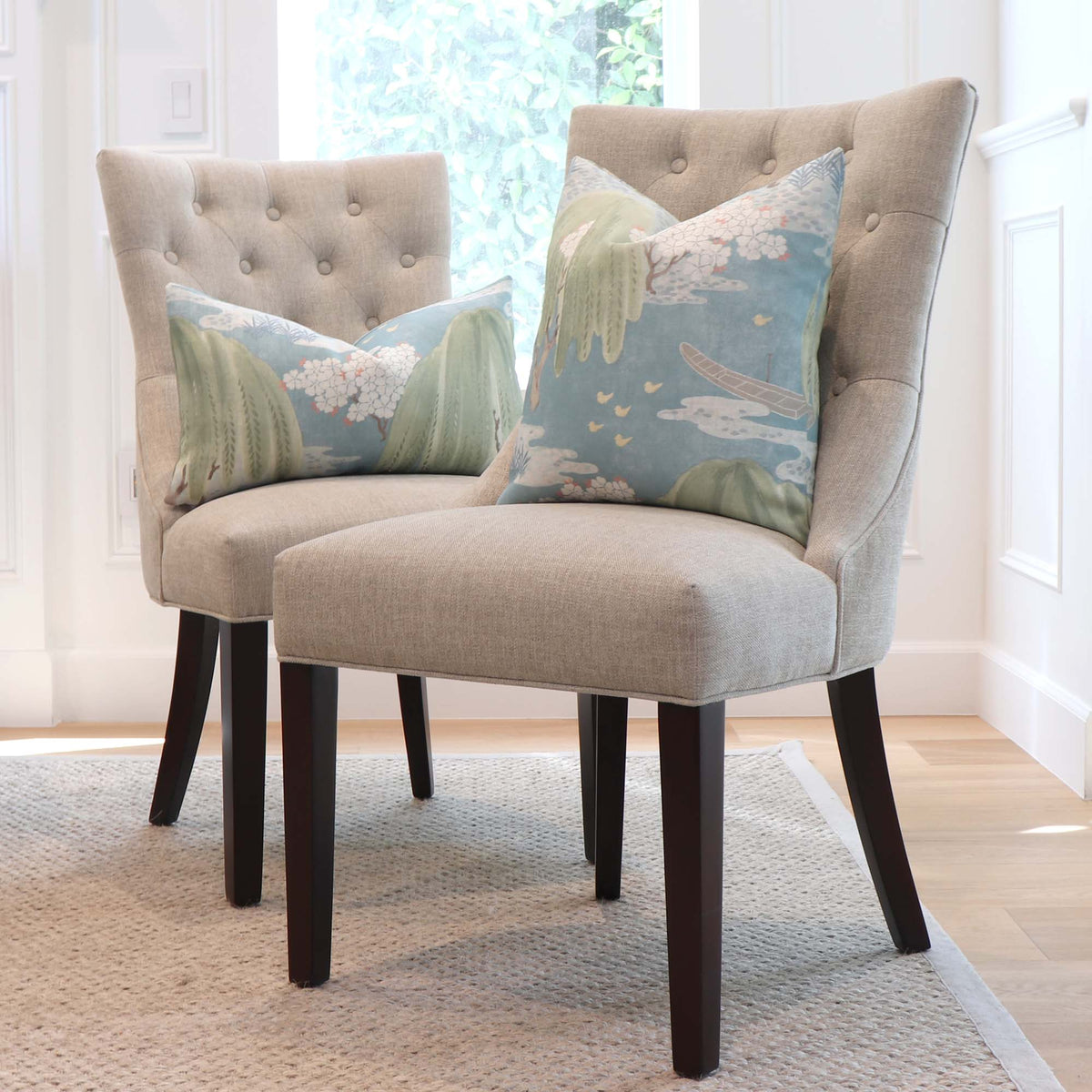 Thibaut Willow Tree Turquoise Blue Chinoiserie Printed Floral Decorative Throw Pillow Cover on Armless Chairs in Home