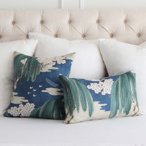 Thibaut Willow Tree Navy Botanical Printed Decorative Throw Pillow Cover on King Bed with White Big Shams