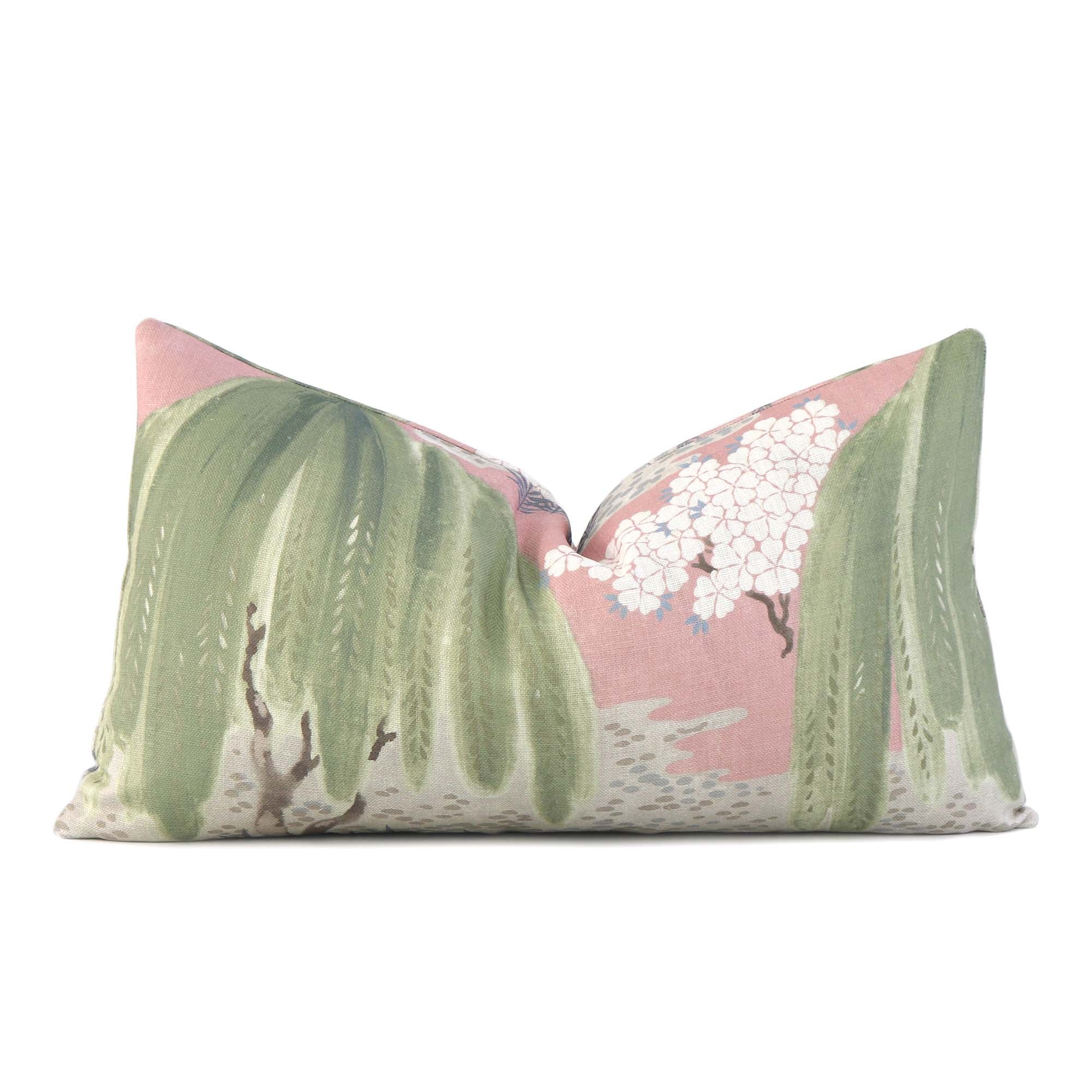 Thibaut Willow Tree Blush Pink Chinoiserie Printed Floral Decorative Lumbar Throw Pillow Cover