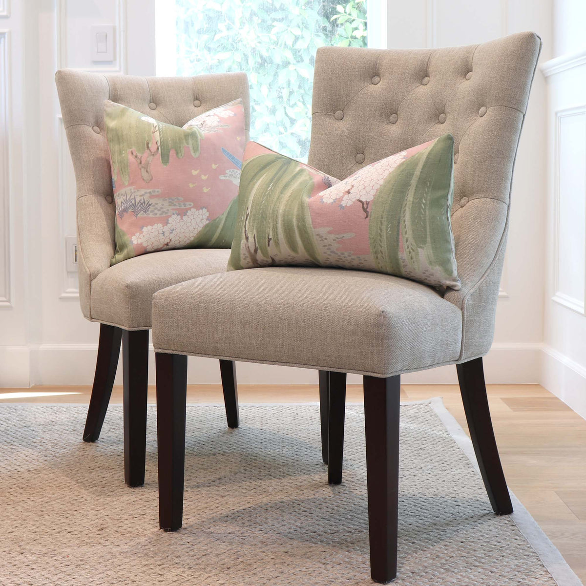 Thibaut Willow Tree Blush Pink Chinoiserie Printed Floral Decorative Throw Pillow Cover on Dining Chairs in Home Decor
