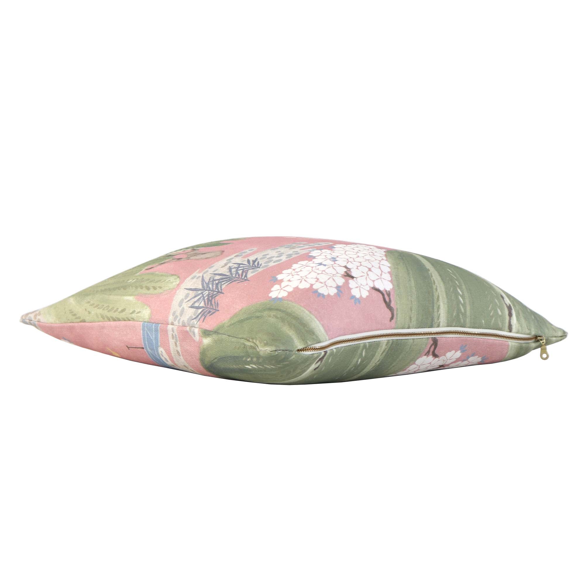 Thibaut Willow Tree Blush Pink Chinoiserie Printed Floral Decorative Throw Pillow Cover with Exposed Brass Gold Zipper