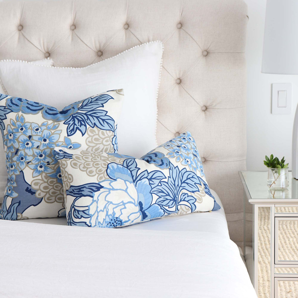 Thibaut Honshu Blue and Beige Decorative Designer Pillow Cover in Bedroom