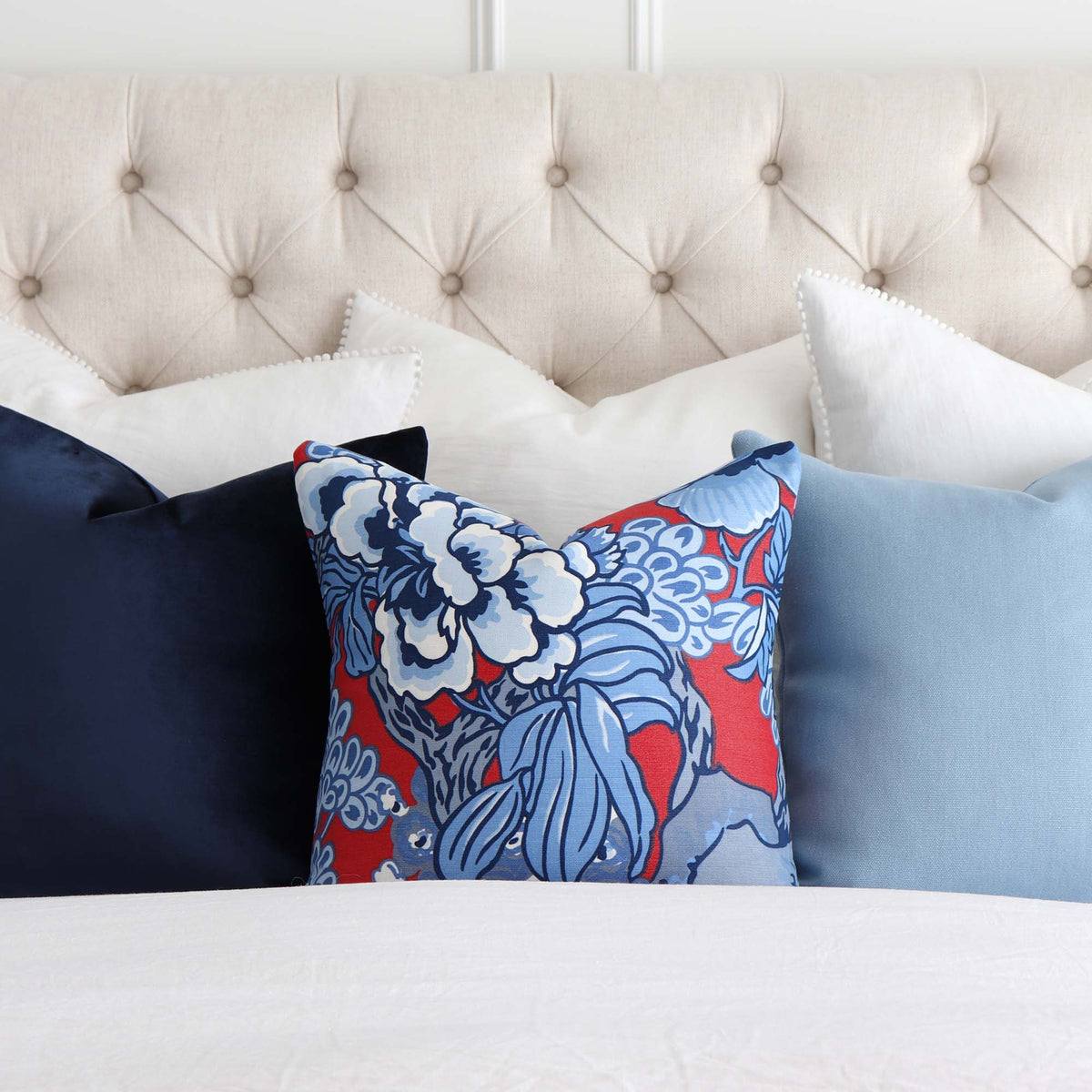 Thibaut Honshu Red and Blue Floral Decorative Designer Throw Pillow Cover on King Size Bed