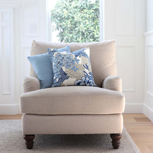 Thibaut Honshu Blue and Beige Decorative Designer Pillow Cover on Comfy Arm Chair