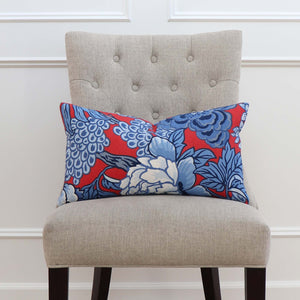 Thibaut Honshu Red and Blue Floral Decorative Designer Lumbar Throw Pillow Cover on Chair