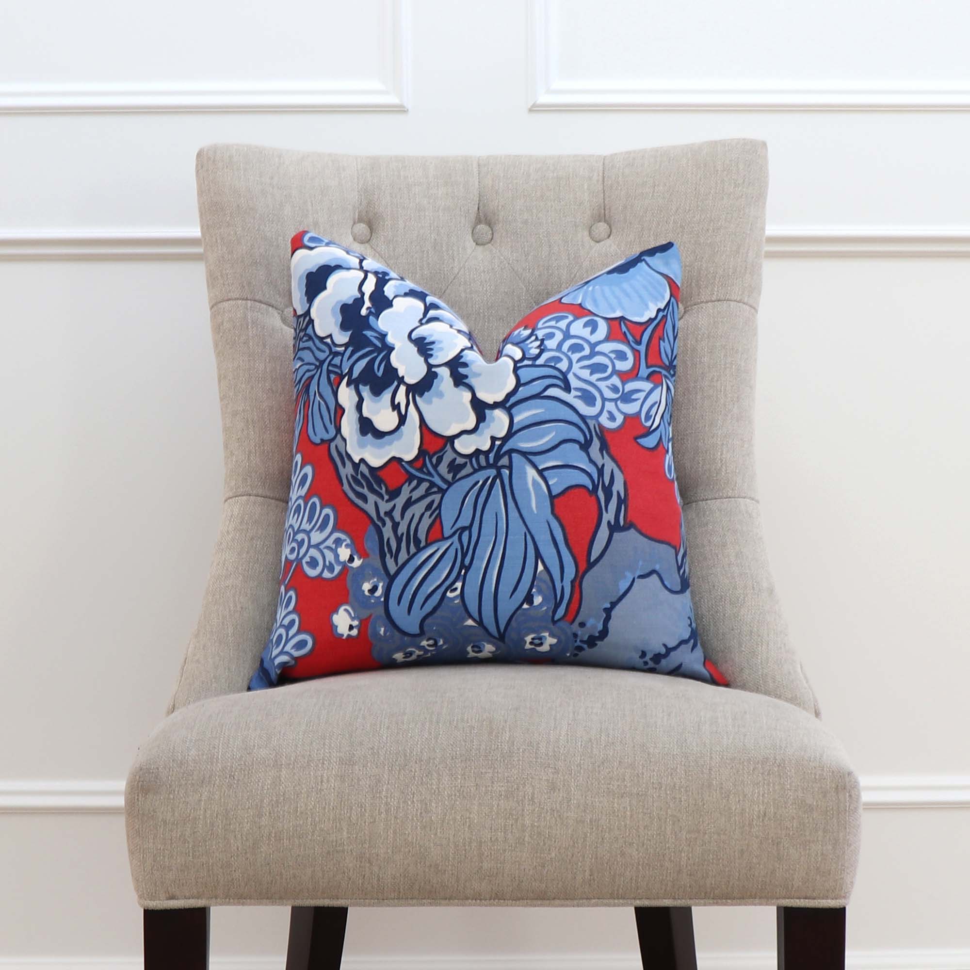 Thibaut Honshu Red and Blue Floral Decorative Designer Throw Pillow Cover on Chair in Home