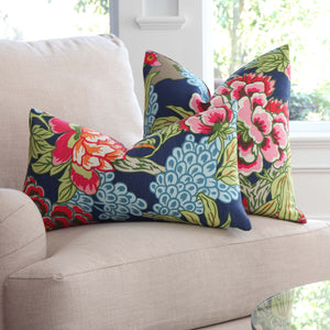 Thibaut Honshu Navy Floral Designer Throw Pillow Covers on Oversized Chair