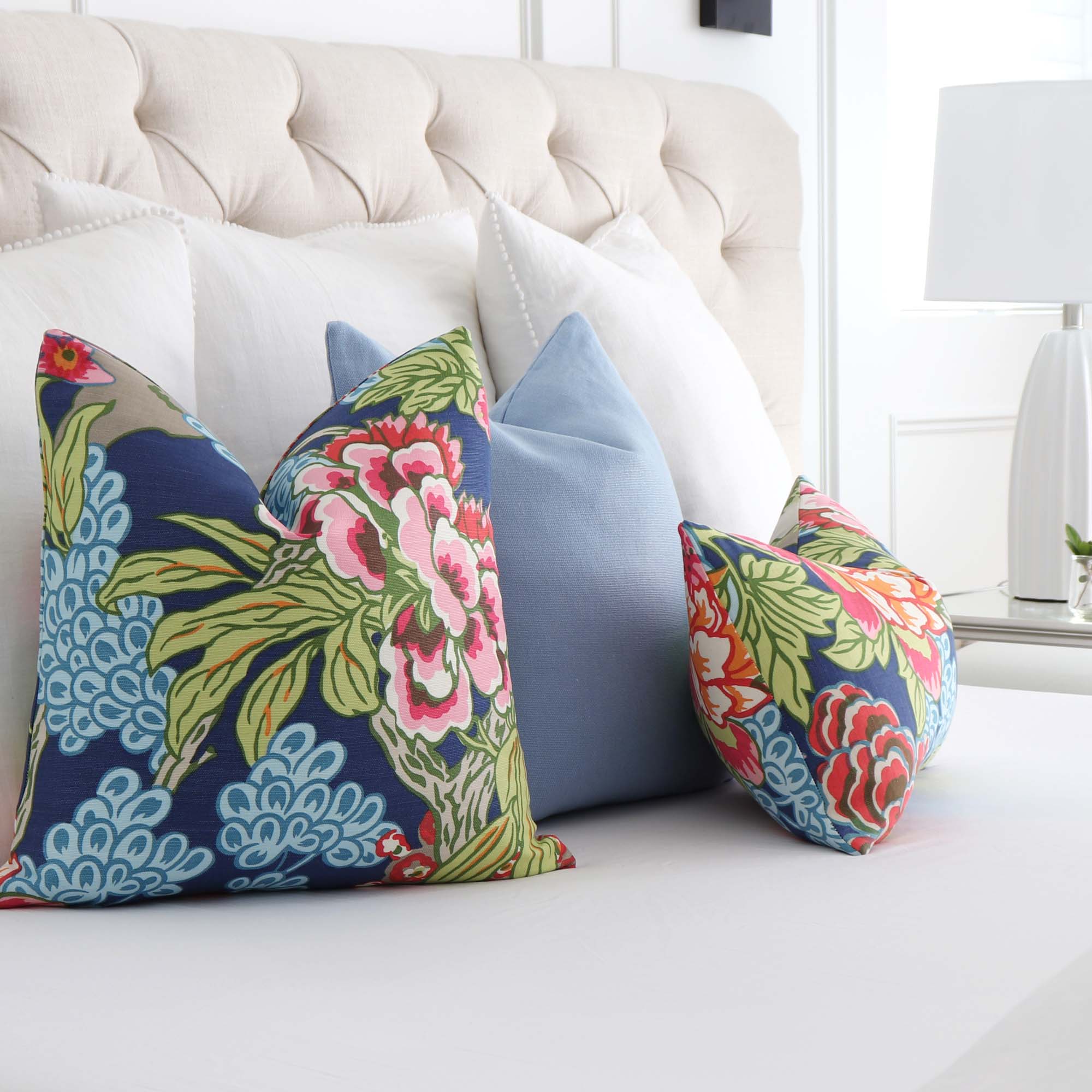 Thibaut Honshu Navy Floral Designer Throw Pillow Cover in Bedroom