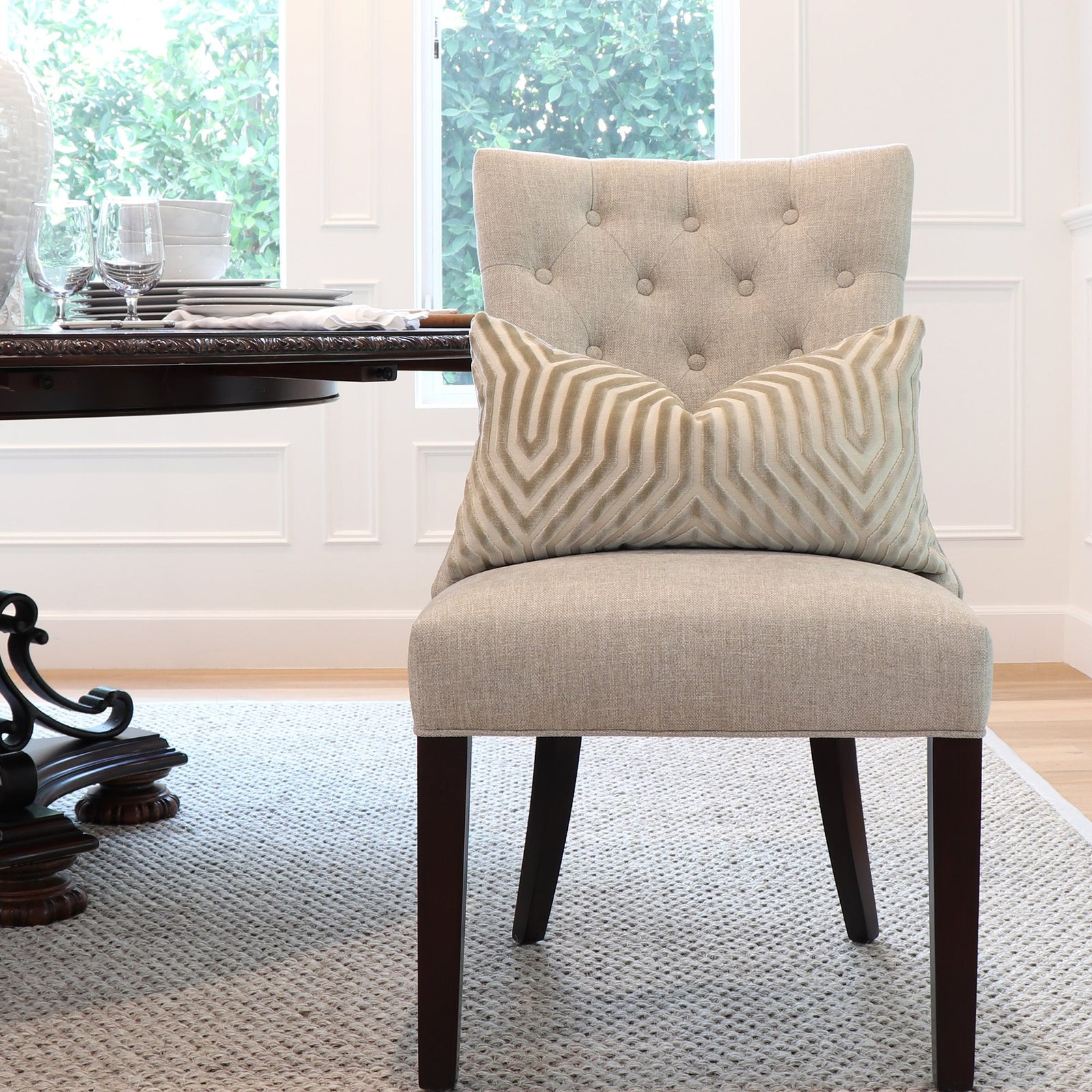 Schumacher Vanderbilt Greige Velvet Designer Lumbar Pillow Cover on Accent Chair