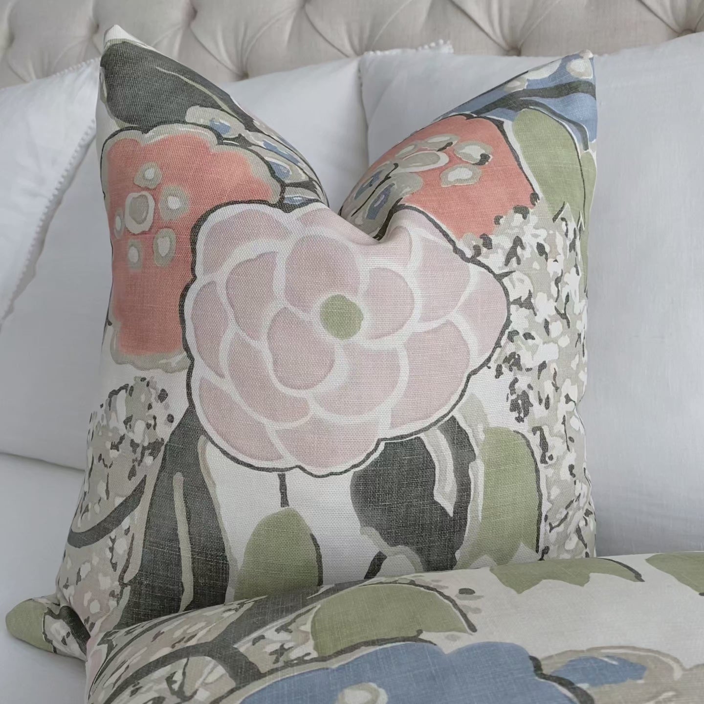 Thibaut Anna French Laura Floral Blush and Green Linen Designer Throw Pillow Cover Product Video