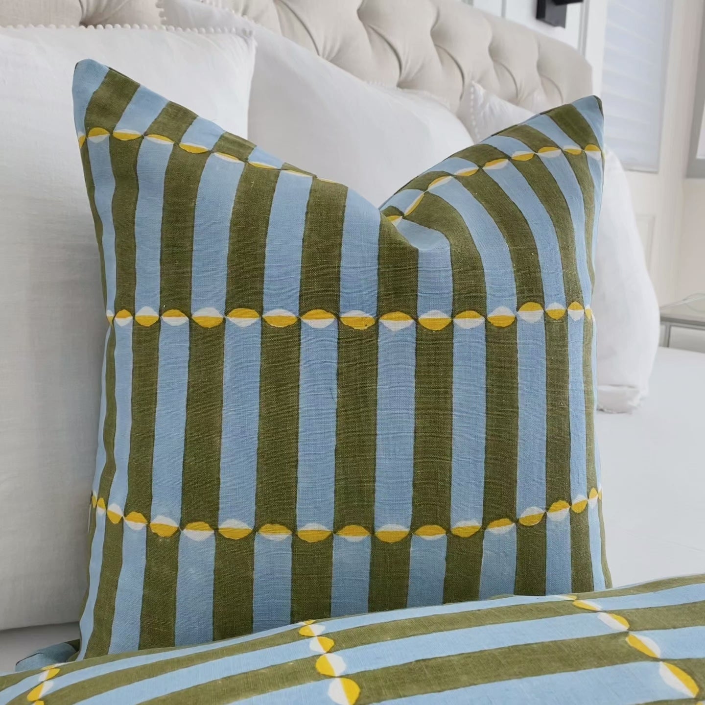 Schumacher Luna Khaki and Turquoise Blue Graphic Block Print Decorative Throw Pillow Cover Product Video