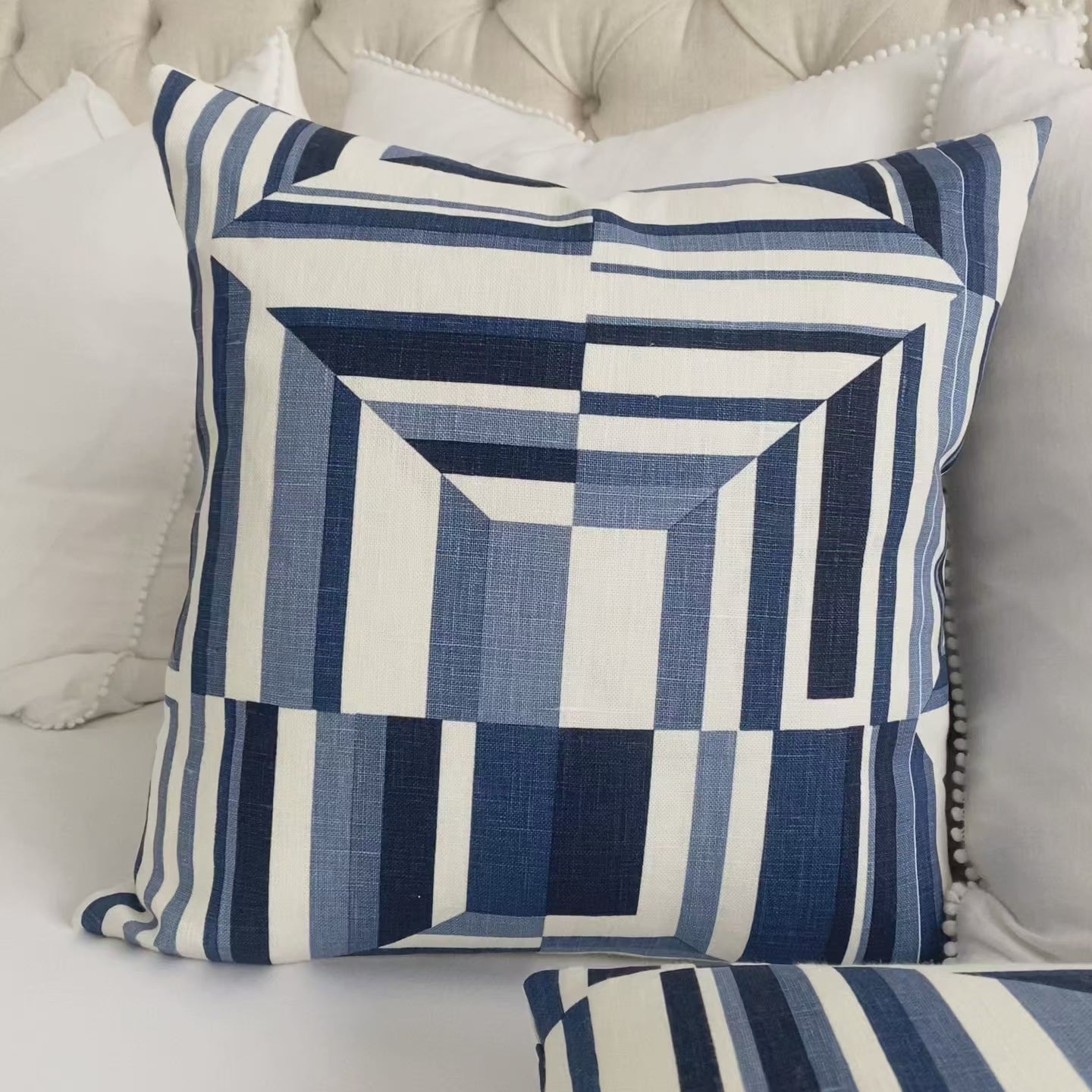 Thibaut Cubism Geometric Blue and White Stripes Linen Designer Luxury Decorative Throw Pillow Cover Product Video