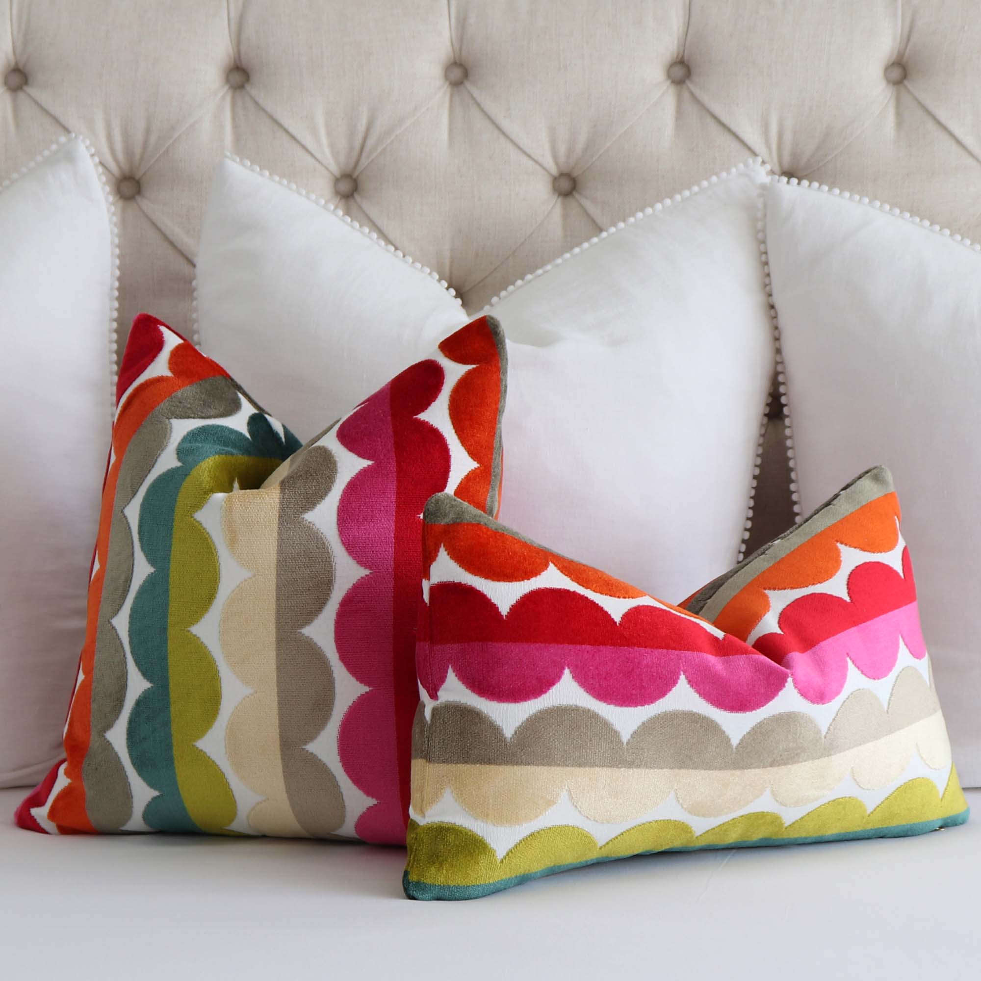 Colorful Patterned Velvet Curvy Stripes Pillow Cover