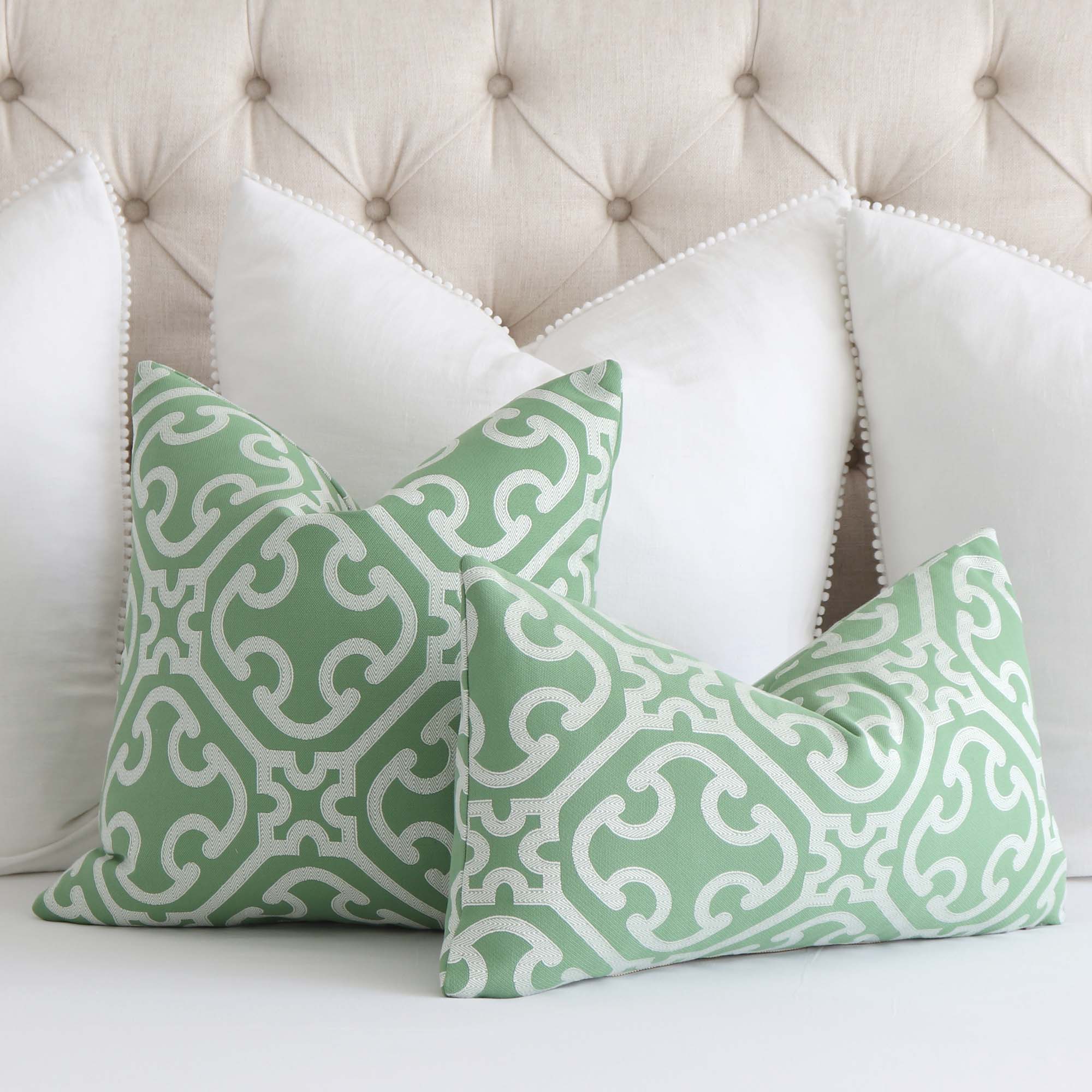 Scalamandre Ailin Lattice Weave Jade Green Luxury Designer Decorative Throw Pillow Cover with Big White Euro Shams
