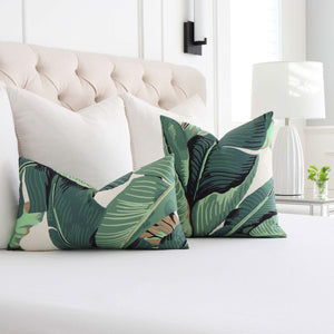 Scalamandre Hinson Palm Green Banana Leaf Botanical Designer Throw Pillow Cover in Bedroom