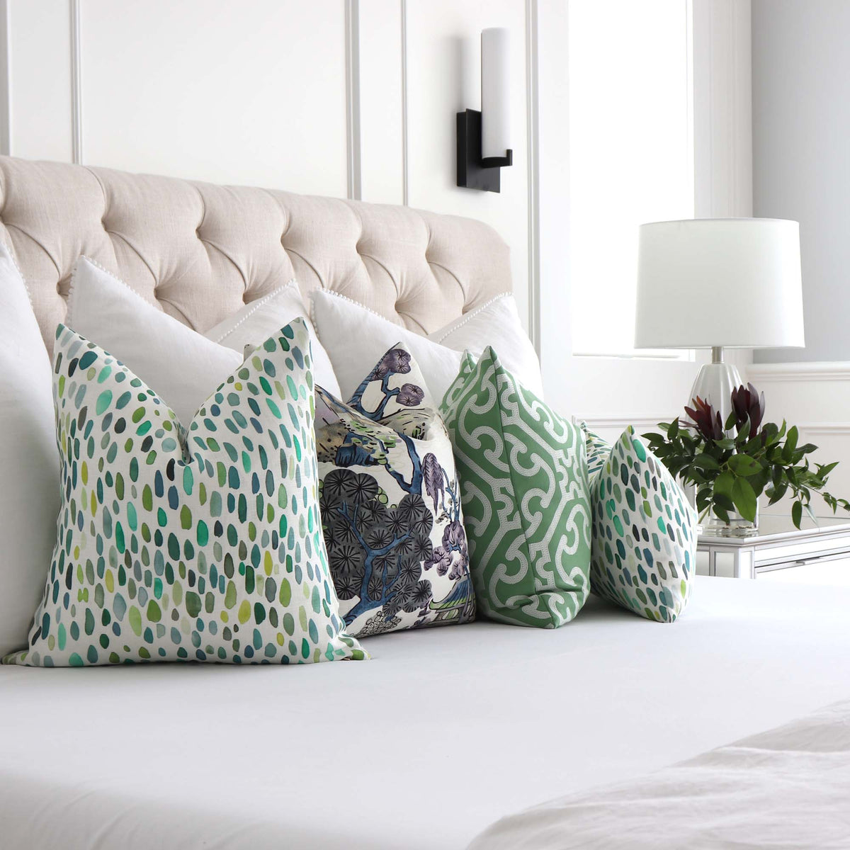 Scalamandre Jamboree Linen Grasshopper Green Hand Painted Brush Strokes Luxury Designer Decorative Throw Pillow Cover with Decorative Pillow Set in Bedroom