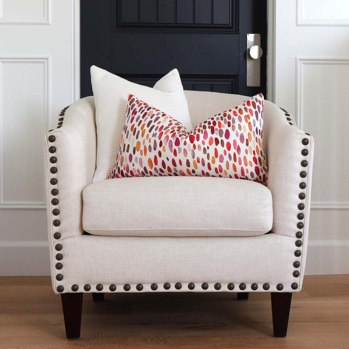 Scalamandre Jamboree Linen Brush Strokes Polka Dots Wild Berry Designer Luxury Throw Pillow Cover on Club Chair with White Ribbed Throw Pillow