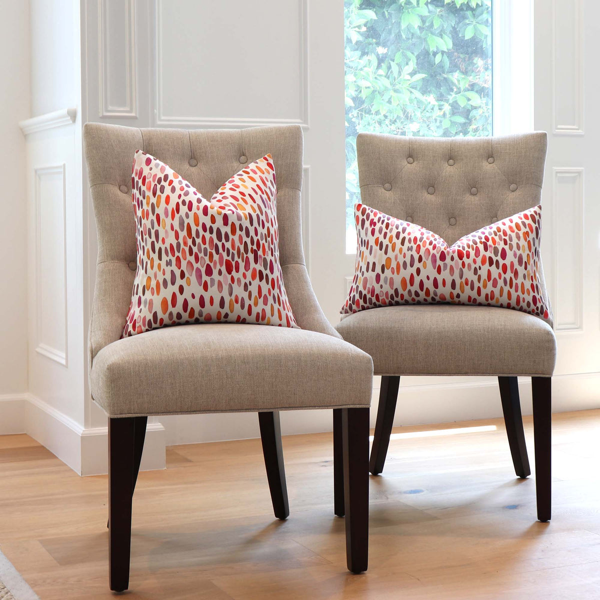 Scalamandre Jamboree Linen Brush Strokes Polka Dots Wild Berry Designer Luxury Throw Pillow Cover on Dining Chairs in Home Decor