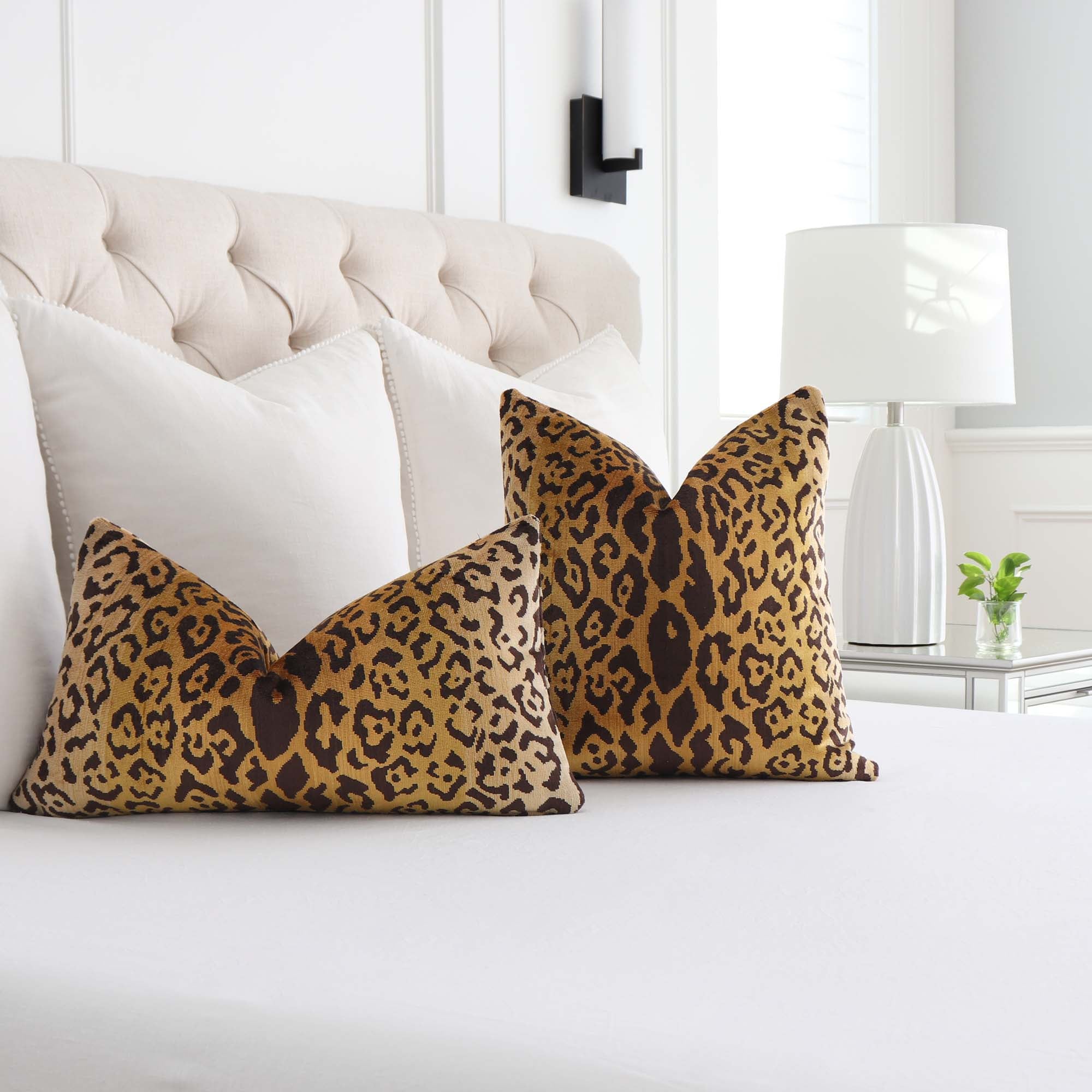 Scalamandre Leopardo Ivory Gold Black Silk Velvet Animal Skin Pattern Designer Throw Pillow Cover in Bedroom