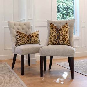 Scalamandre Leopardo Ivory Gold Black Silk Velvet Animal Skin Pattern Designer Throw Pillow Cover on Chairs in Living Space