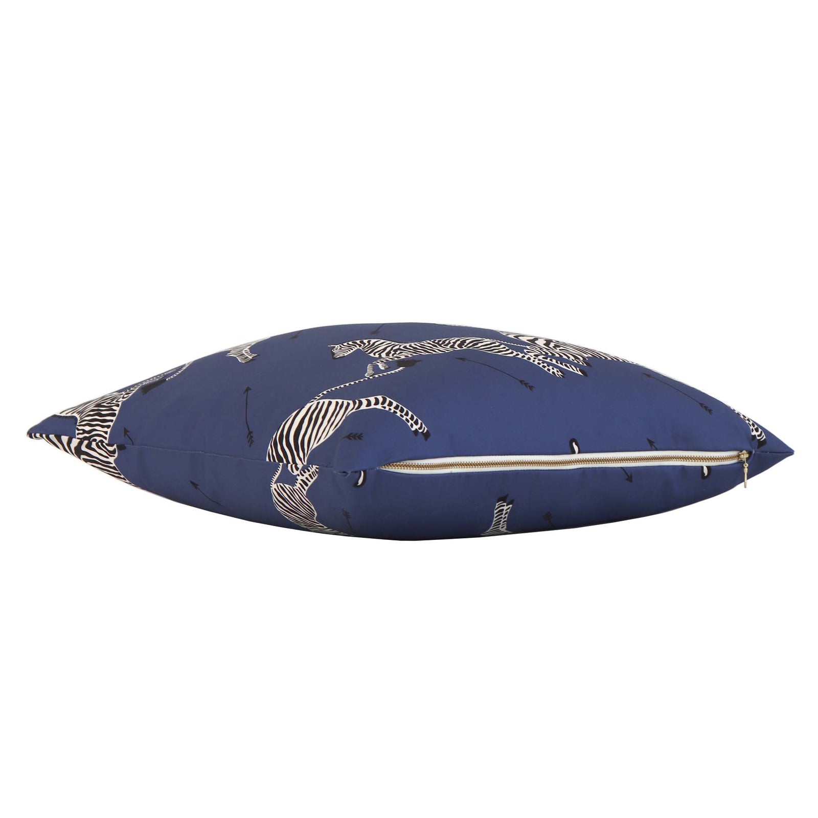 Scalamandre Zebras Petite Denim Blue Designer Animal Print Throw Pillow Cover with Exposed Brass Gold YKK Zipper