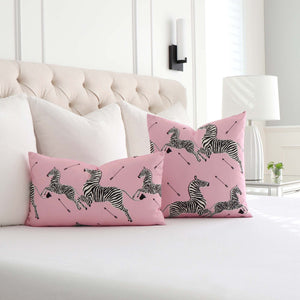 Scalamandre Zebras Petite Peony Pink Designer Animal Print Throw Pillow Cover in Bedroom