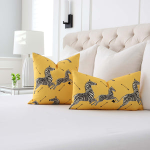 Scalamandre Zebras Petite Yellow Designer Animal Print Throw Pillow Cover in White Bedroom