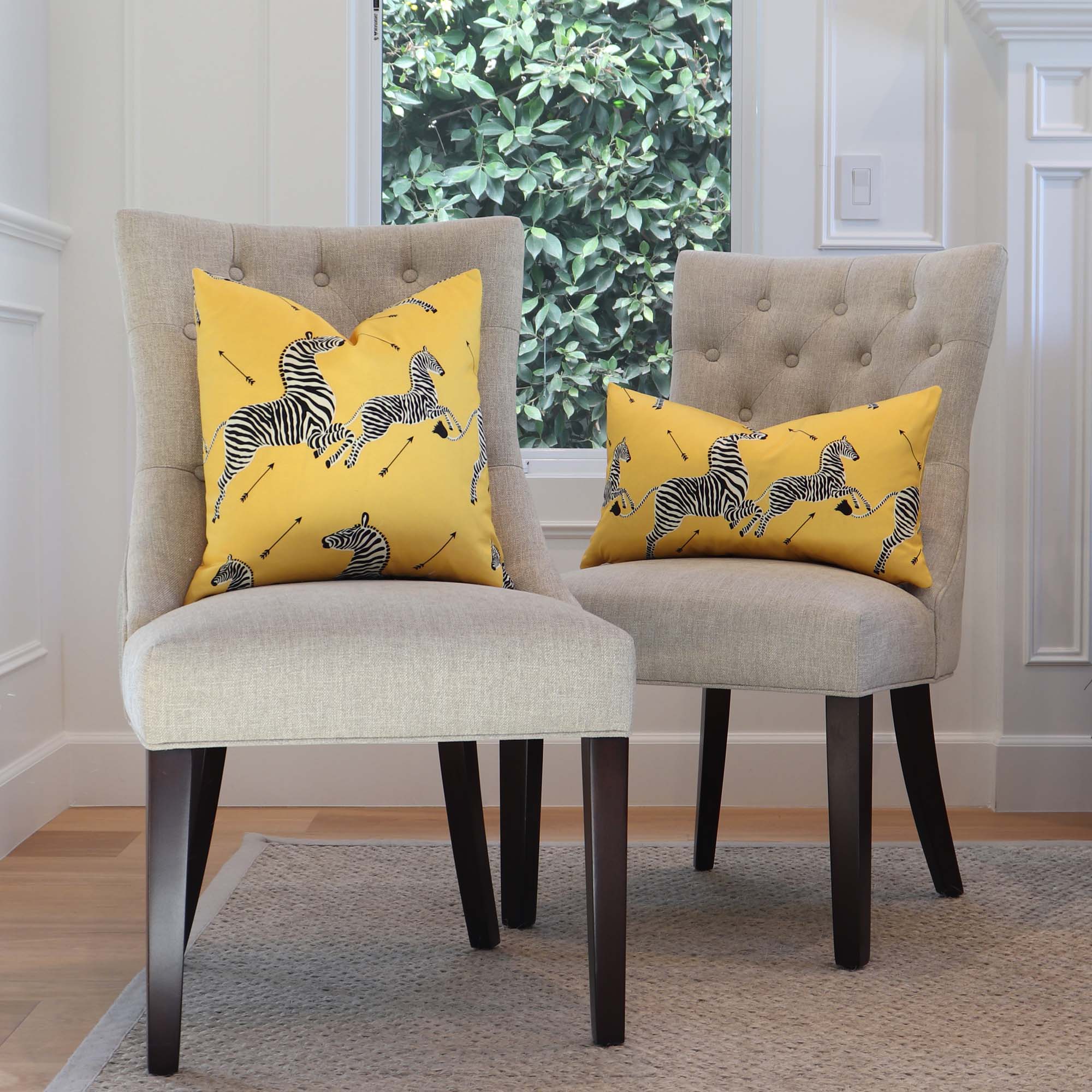 Scalamandre Zebras Petite Yellow Designer Animal Print Throw Pillow Cover on Side Chairs in Living Space