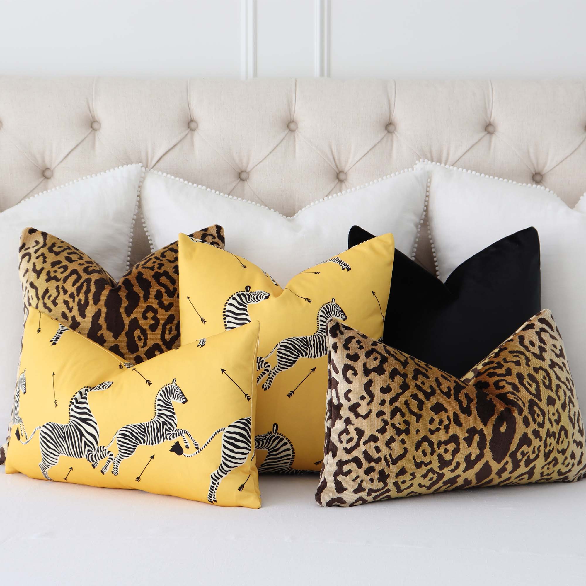Scalamandre Zebras Petite Yellow Designer Animal Print Throw Pillow Cover with Coordinating Throw Pillows on Bed