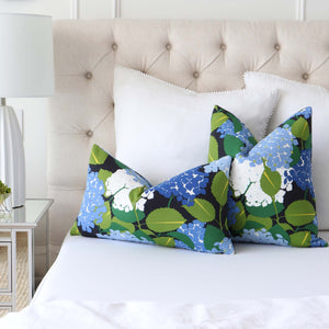 Schumacher Hydrangea Document Blue Floral Decorative Designer Throw Pillow Cover on Bed