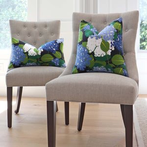 Schumacher Hydrangea Document Blue Floral Decorative Designer Throw Pillow Cover on Side Chairs in Home