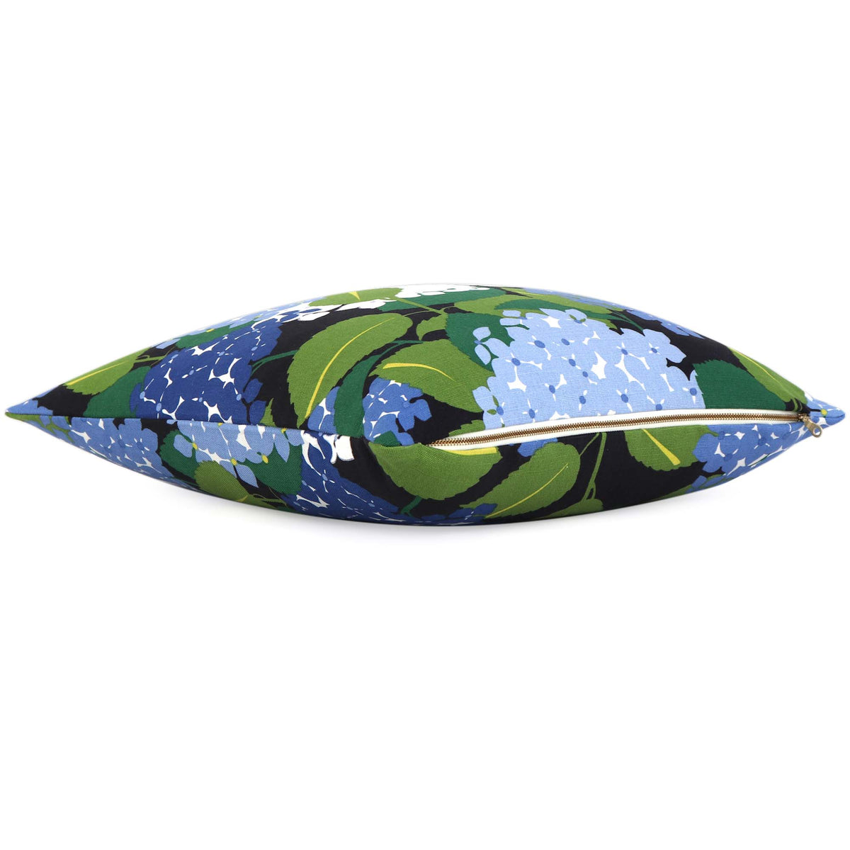 Schumacher Hydrangea Document Blue Floral Decorative Designer Throw Pillow Cover with Exposed Brass Gold Zipper